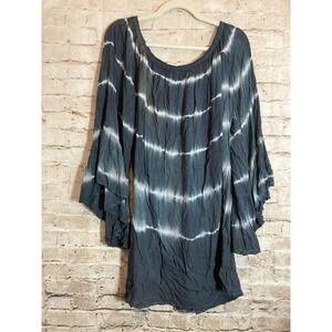 etc Boho Top 2X Dark Grey Tie Dye Crinkled Viscose Hippie Flare Sleeve Long Line